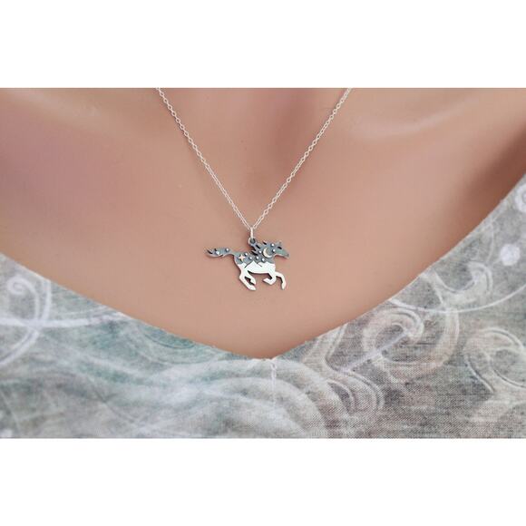 Sterling Silver Horse Charm with Mountains and Bronze Moon Necklace - Picture 3 of 4
